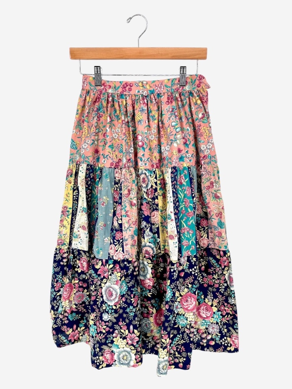vintage 70s floral & fruit print cottage core a-line midi skirt